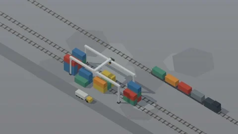 Isometric isometric freight rail yard container gantry crane day loop rotating Vídeo Stock 340333282