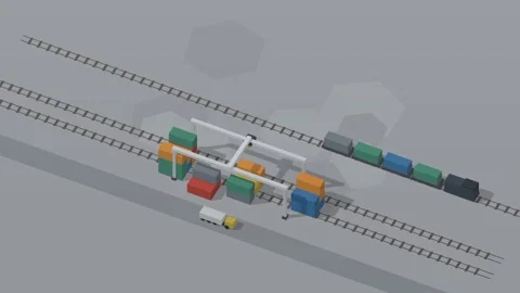 Isometric isometric freight rail yard container gantry crane bright loop Stock Footage 340333283