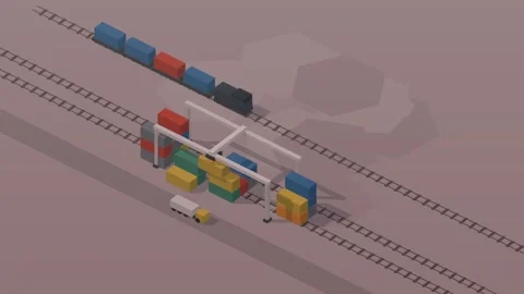 Isometric isometric freight rail yard container gantry crane dawn loop rotating Stock Footage 340333284