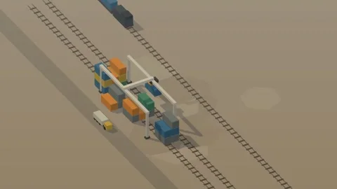 Isometric isometric freight rail yard container gantry crane sunset loop Video stock 340333341