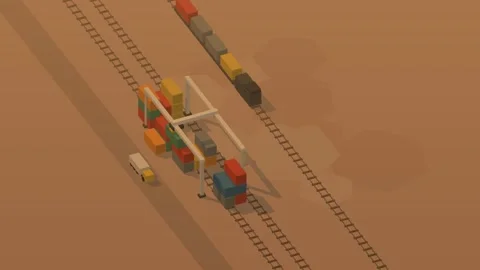 Isometric isometric freight rail yard container gantry crane dusk loop rotating Stock Footage 340333343