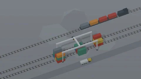 Isometric isometric freight rail yard container gantry crane overcast loop Stock Footage 340333348