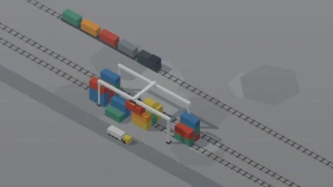 Isometric isometric freight rail yard container gantry crane loop rotating Video stock 340334479