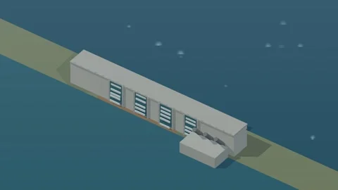 Isometric isometric hydroelectric dam spillway water power loop rotating diorama Stock Footage 340334511