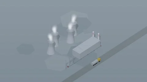 Isometric isometric power plant cooling towers steam energy cool loop rotating Stock Footage 340333893