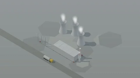 Isometric isometric power plant cooling towers steam energy day loop rotating Stock Footage 340333895