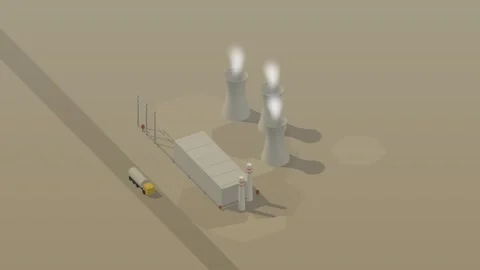 Isometric isometric power plant cooling towers steam energy sunset loop Stockbeeldmateriaal 340333966
