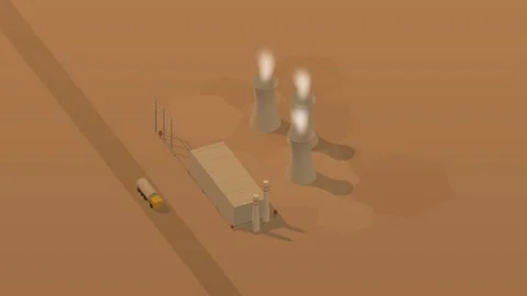 Isometric isometric power plant cooling towers steam energy dusk loop rotating Stock Footage 340333969