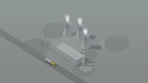 Isometric isometric power plant cooling towers steam energy loop rotating Video stock 340334476