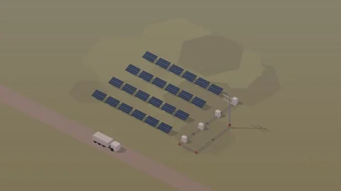 Isometric isometric solar power plant photovoltaic panels dawn loop rotating Stockbeeldmateriaal 340334264