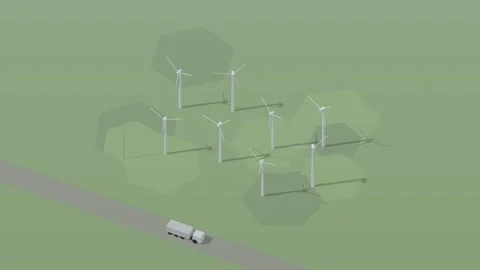 Isometric isometric wind farm turbines spinning renewable energy bright loop Stock Footage 340334391