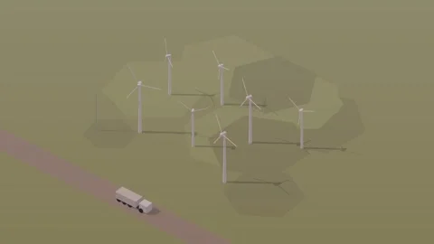 Isometric isometric wind farm turbines spinning renewable energy dawn loop Stock Footage 340334417