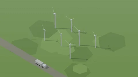 Isometric isometric wind farm turbines spinning renewable energy day loop 库存影片 340334425