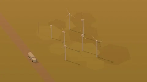 Isometric isometric wind farm turbines spinning renewable energy dusk loop Stockbeeldmateriaal 340334444