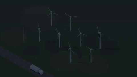 Isometric isometric wind farm turbines spinning renewable energy night loop Stock Footage 340334445