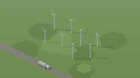 Isometric isometric wind farm turbines spinning renewable energy loop rotating Видео 340334499