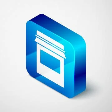 Isometric Jam jar icon isolated on grey background. Blue square button. Vecto Stock Illustration