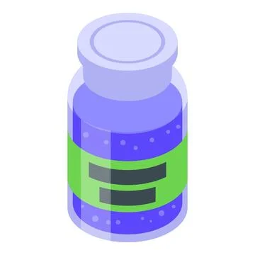 Isometric jar containing sparkling purple liquid with green label Stock Illustration