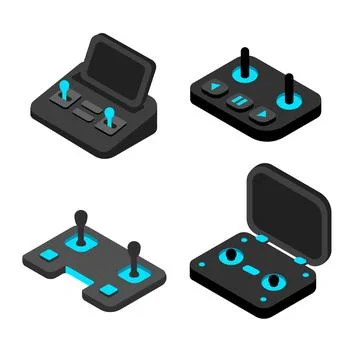 Isometric joystick set. Black controllers with blue neon glowing elements Illustrazione stock