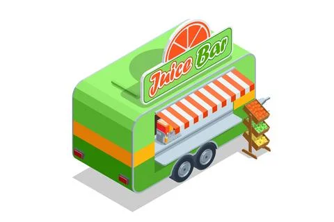 Isometric juice bar trailer with citrus sign and fresh fruit display. Mobile 스톡 일러스트