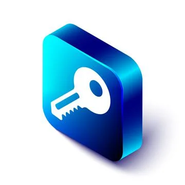 Isometric Key icon isolated on white background. Blue square button. Vector Illustrazione stock