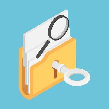 Isometric Key Unlock Folder with Magnifying Glass on Top Stock Illustration