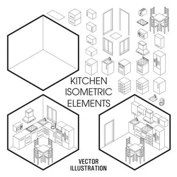 Isometric kitchen interior constructor. Vector set of isometric Furniture Stockillustratie