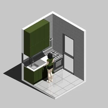 Isometric Kitchen Interior Vector Illustration Stock Illustration