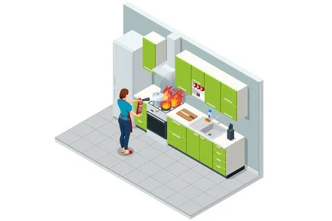 Isometric kitchen pan fire with woman using fire extinguisher Stock Illustration