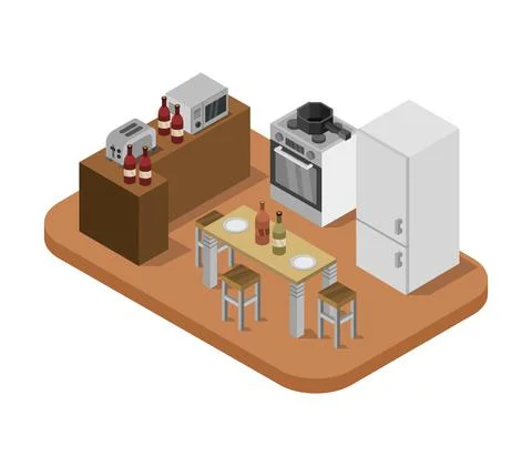 Isometric kitchen room in vector on white background Stock Illustration