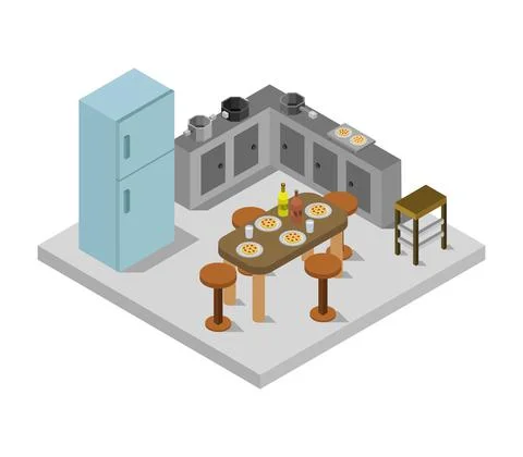 Isometric kitchen room in vector on white background Stock Illustration
