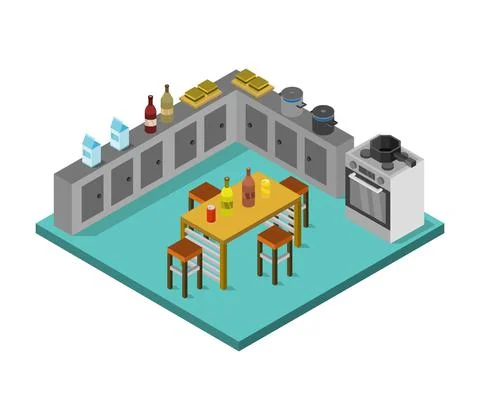 Isometric kitchen room in vector on white background Stock Illustration