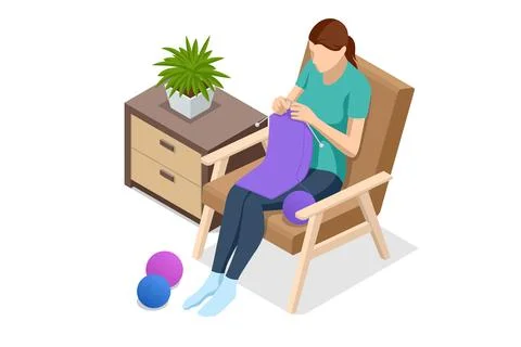Isometric knitter knits warm things at home. Comfort and coziness. Needlework Ilustración de archivo