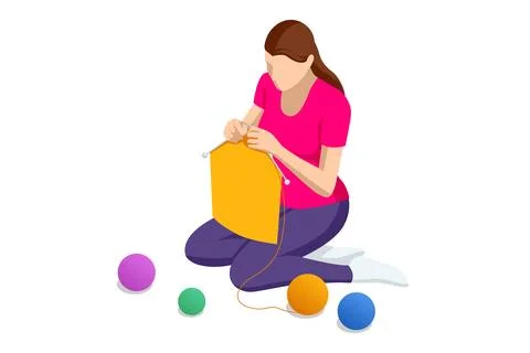 Isometric knitter knits warm things at home. Comfort and coziness. Needlework Ilustración de archivo