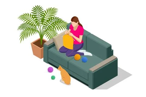 Isometric knitter knits warm things at home. Comfort and coziness. Needlework Ilustración de archivo