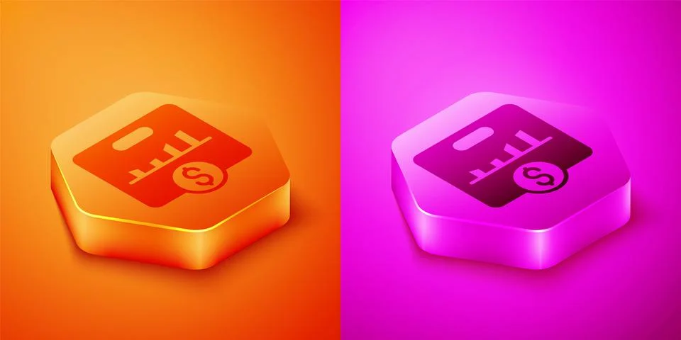 Isometric KPI - Key performance indicator icon isolated on orange and pink Stock Illustration