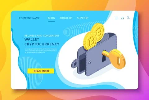 Isometric Landing Vector Image, Crypto Wallet and Key, Secure and Affordabl.. Stock Illustration