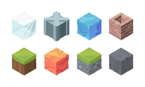 Isometric landscape cubes set. Play formations made of ice and metal grassy Stock Illustration