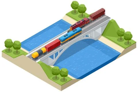 Isometric landscape with two trains crossing a concrete arch bridge over a blue Stock Illustration