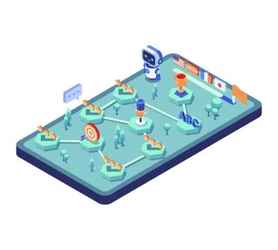 Isometric Language Learning App with AI Robot and Gamified Path 库存插图