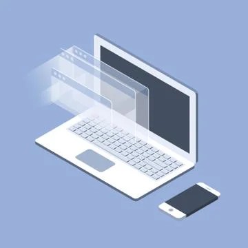 Isometric laptop and opened windows - software development and internet conce Stock Illustration