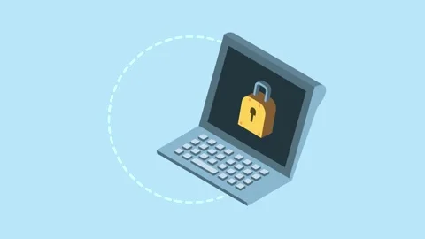 Isometric laptop animation featuring digital security padlock icon on scree.. Stock Footage 334521436