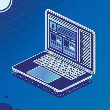 Isometric Laptop on Blue. Creating a Site Layout. Illustrazione stock