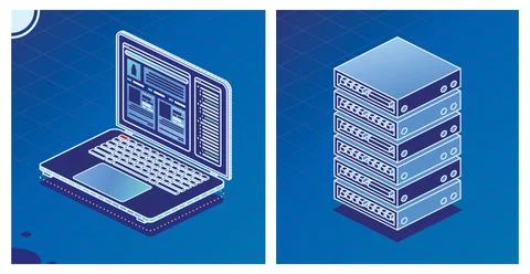 Isometric Laptop on Blue. Server Rack. 스톡 일러스트