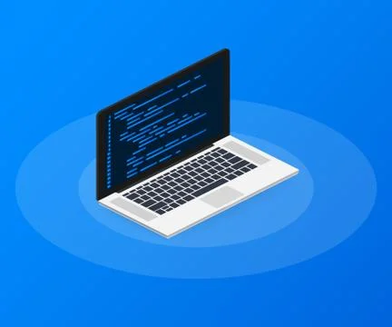 Isometric laptop coding concept. Web developer, design, programming. Laptop s 스톡 일러스트