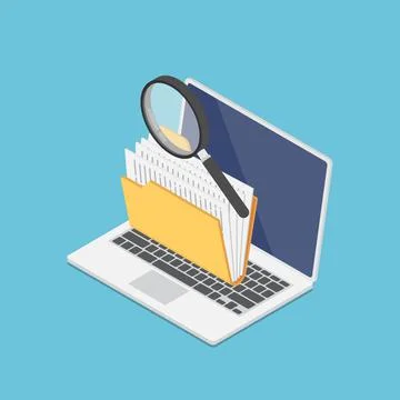 Isometric Laptop Computer with Folders and Magnifying Glass on Screen 스톡 일러스트