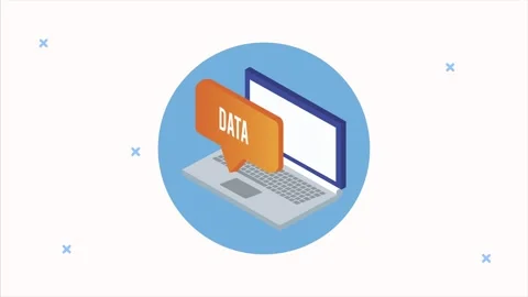Isometric laptop computer with orange data speech bubble and blue backgroun.. Stock Footage 334265721