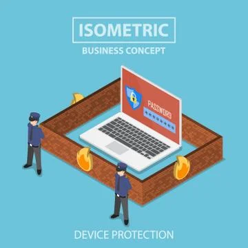 Isometric laptop computer protected by security system 스톡 일러스트