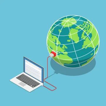 Isometric laptop connected to the world Stock Illustration