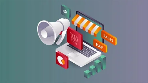 Isometric Laptop E-Commerce Storefront and Marketing Campaign Analytics Video stock 339343076